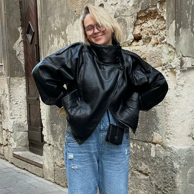 Women's Faux Leather Loose Jacket with Stand Collar and Zipper