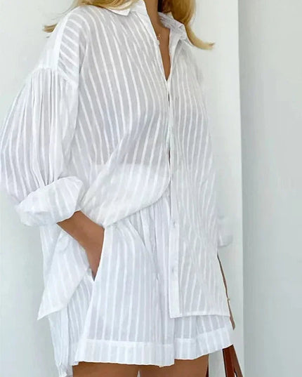 Women's Casual Two-Piece Striped Jacquard Shirt and Elastic Waist Shorts Set