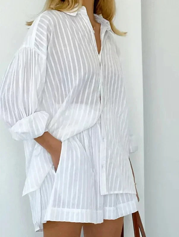 Women's Casual Two-Piece Striped Jacquard Shirt and Elastic Waist Shorts Set