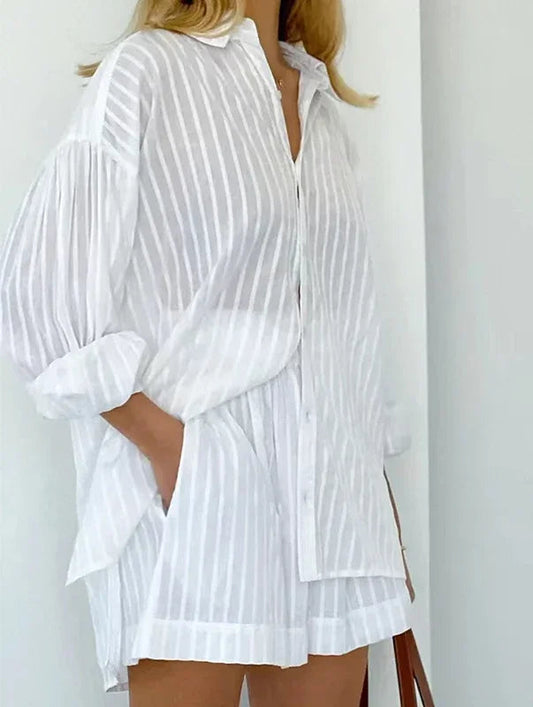 Women's Casual Two-Piece Striped Jacquard Shirt and Elastic Waist Shorts Set