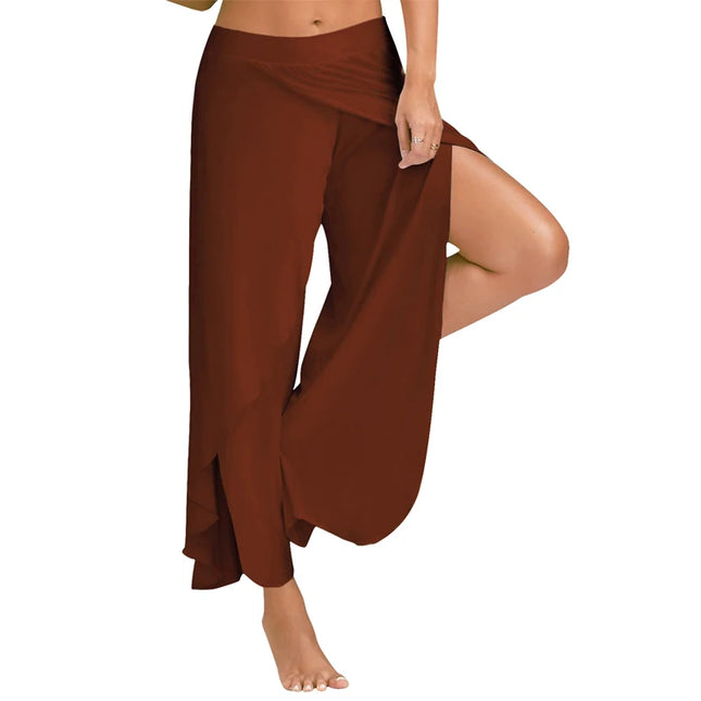 Women's Slit Flared Palazzo Trousers - Wide Leg Chiffon Pants with Side Split