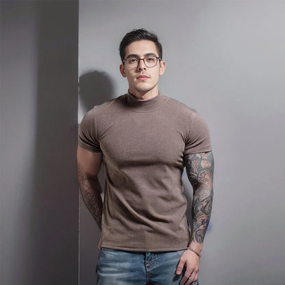 Men's Short Sleeve T-Shirt with Half High Collar – Slim Fit Casual Top for Men