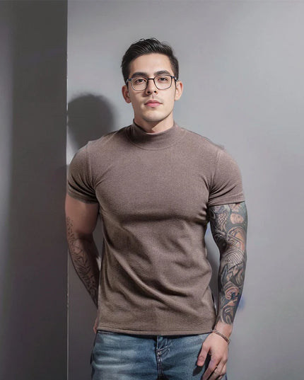 Men's Short Sleeve T-Shirt with Half High Collar – Slim Fit Casual Top for Men