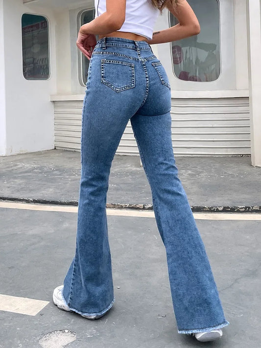 High Waist Women's Flare Jeans with Button Fly - Slim Fit Denim Pants