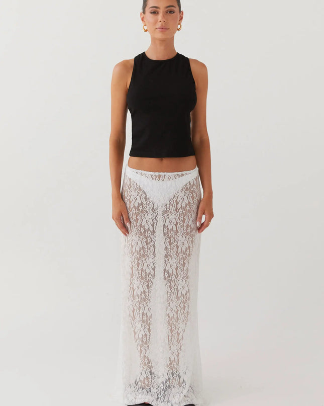 Elegant White Floral Lace Skirt for Women – Sheer See-Through, Low-Waist Design