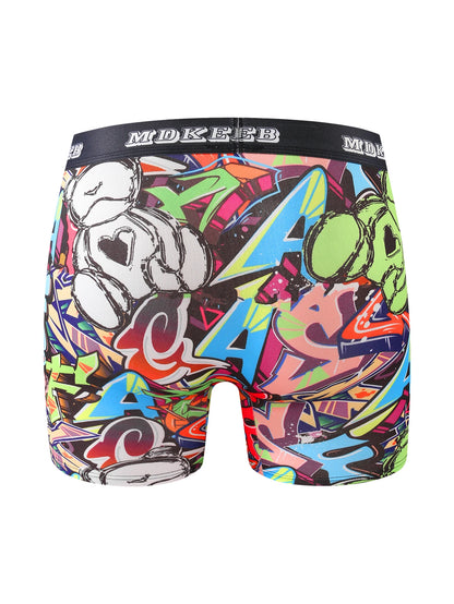 3 Piece Men's Graffiti Pattern Long Boxer Briefs- Breathable and Highly Elastic