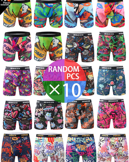 Ten-Piece Men's Graffiti Pattern Boxer Briefs Set – Breathable, Comfortable, High-Elastic Long Boxer Briefs