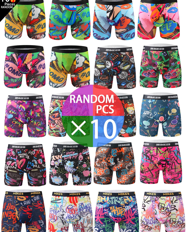 Ten-Piece Men's Graffiti Pattern Boxer Briefs Set – Breathable, Comfortable, High-Elastic Long Boxer Briefs