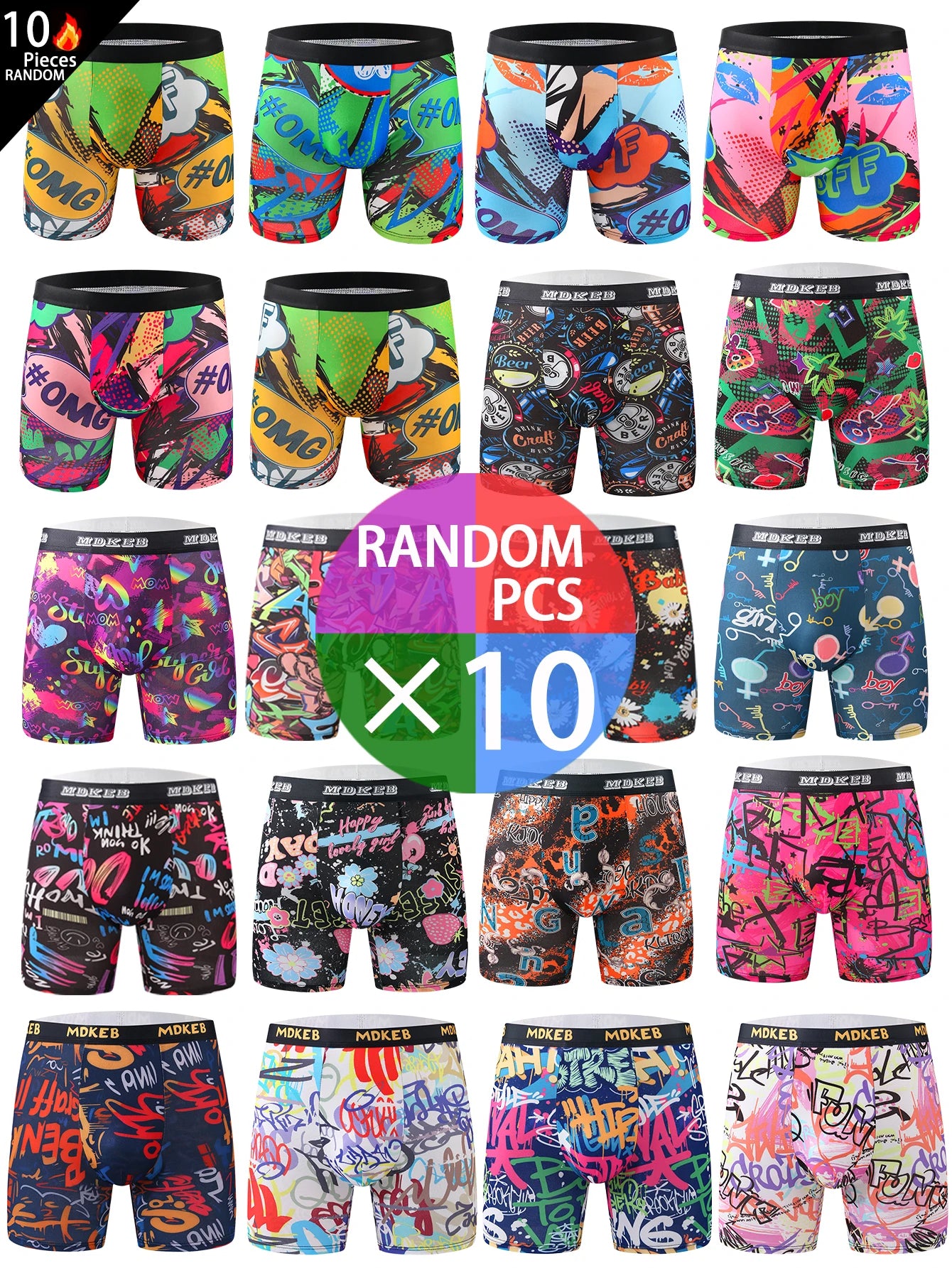 Ten-Piece Men's Graffiti Pattern Boxer Briefs Set – Breathable, Comfortable, High-Elastic Long Boxer Briefs