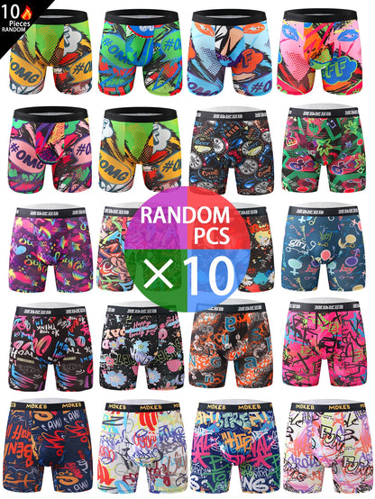 Ten-Piece Men's Graffiti Pattern Boxer Briefs Set – Breathable, Comfortable, High-Elastic Long Boxer Briefs