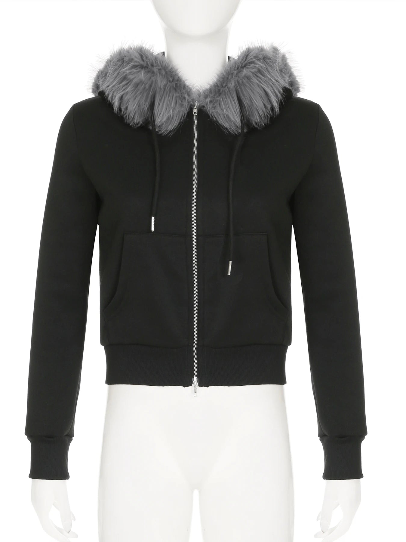 Women's Faux Fur Patchwork Hooded Jacket with Letter Embroidery and Zipper