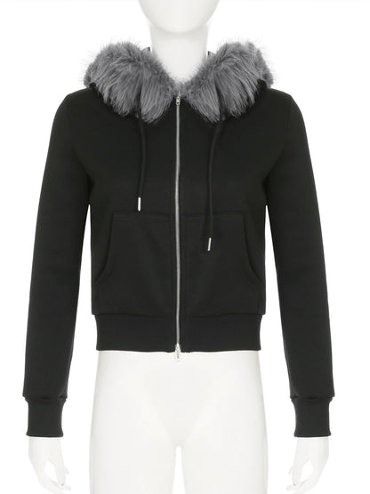Women's Faux Fur Patchwork Hooded Jacket with Letter Embroidery and Zipper