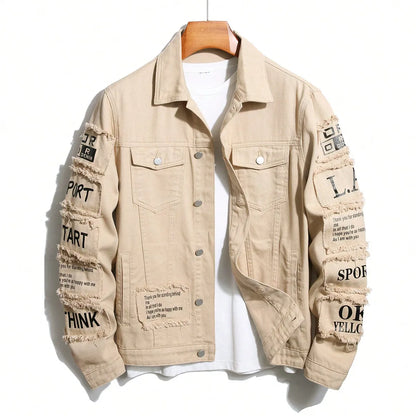 Men's Denim Style Letter Print Jacket – Stylish Casual Denim Jacket for Men
