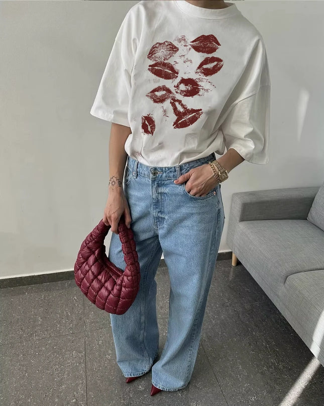Women's Lips Print Cotton T-Shirt - Soft, Oversized, Retro Style