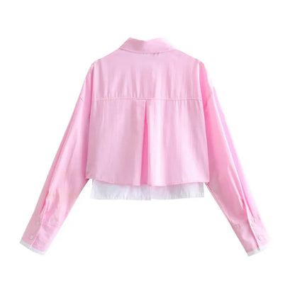 Women's Crop Blouse Shirt with Lapel, Long Sleeves, and Pocket