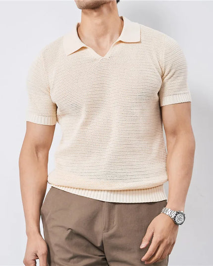 Men's Slim Fit Knitted Polo T-Shirt with V-Neck