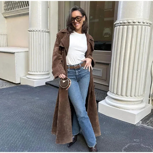 Elegant Faux Suede Leather Belt for Long Trench Coats – Double Button Design, Stylish & Sophisticated
