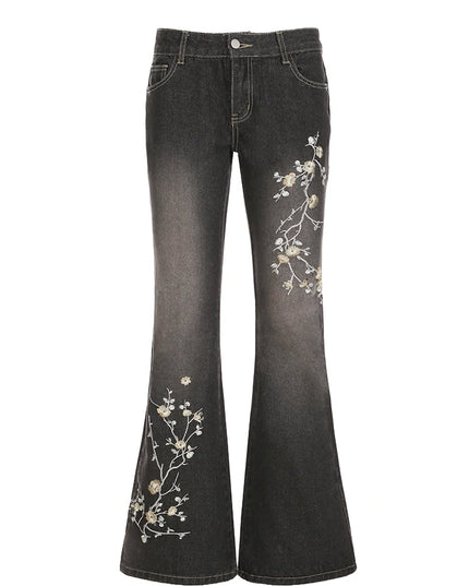 Women's Floral Embroidered Low Rise Flared Denim Jeans