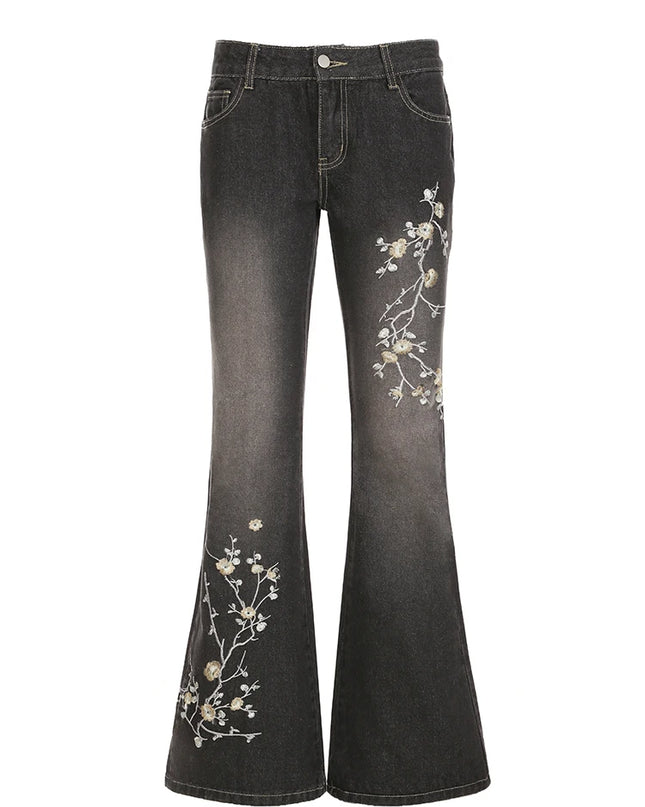 Women's Floral Embroidered Low Rise Flared Denim Jeans