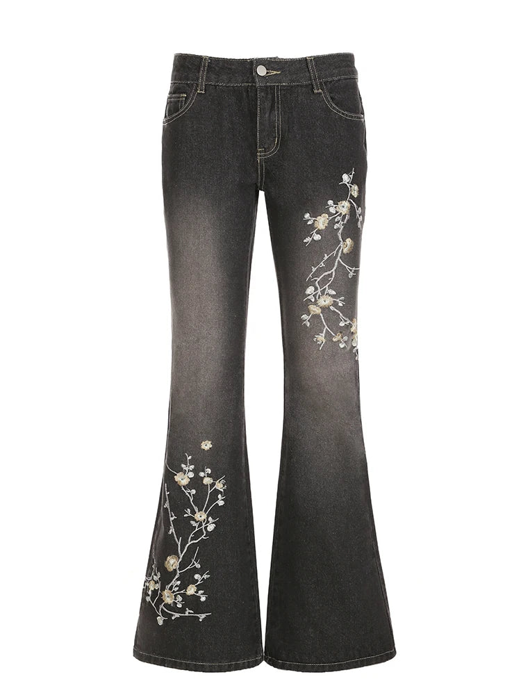 Women's Floral Embroidered Low Rise Flared Denim Jeans