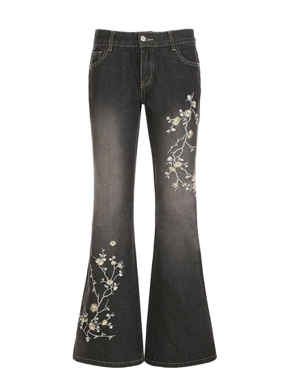 Women's Floral Embroidered Low Rise Flared Denim Jeans