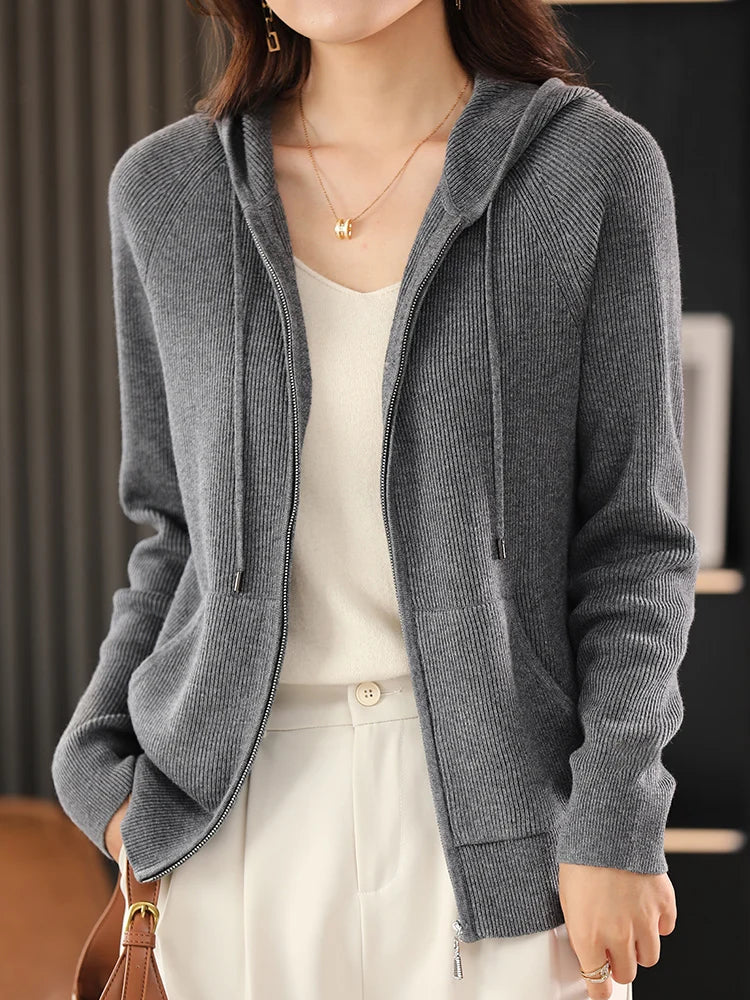 Women's Wool Blend Hoodie Sweater - Thick Knitted Zipper Cardigan with Hood