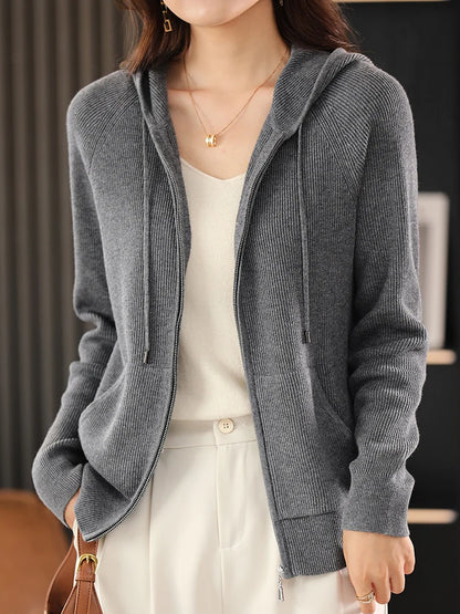 Women's Wool Blend Hoodie Sweater - Thick Knitted Zipper Cardigan with Hood
