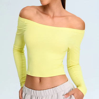 Women’s Off-Shoulder Long Sleeve Yoga Sweater - Quick-Dry, Cropped Fitness Top