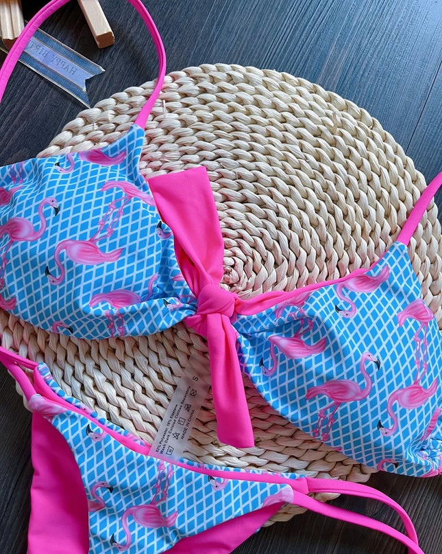 Women's Grid Flamingo Print Two-Piece Swimwear Set with Push-Up Thong Bikini