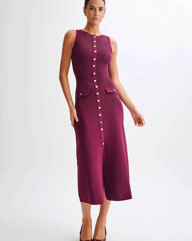 Women's Knit Ribbed Maxi Dress with High Waist, Slim Fit, and Pockets