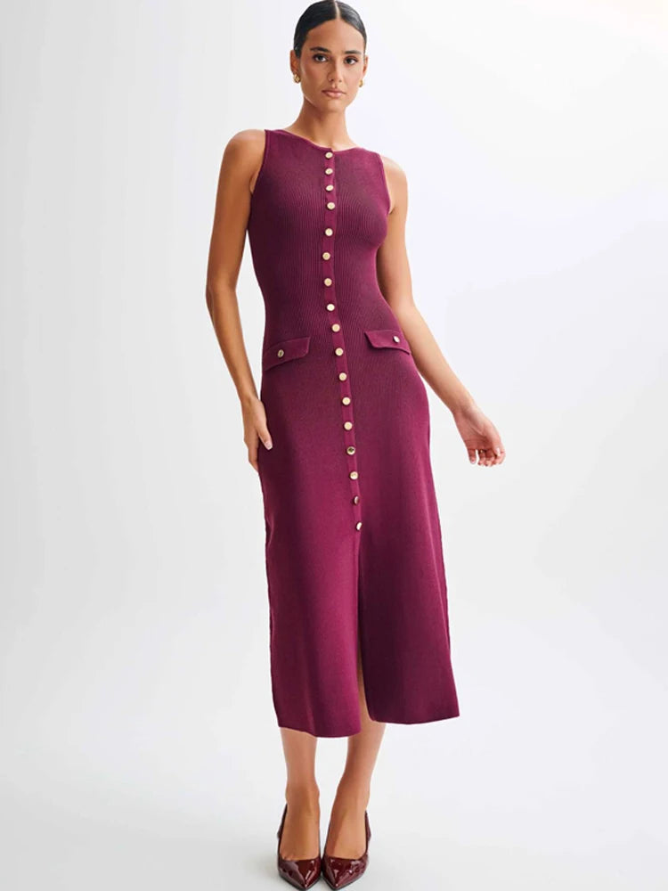 Women's Knit Ribbed Maxi Dress with High Waist, Slim Fit, and Pockets