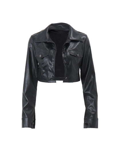 Women's Black Casual Crop Faux Leather Jacket with Long Sleeves and Button Closure