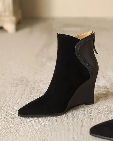 Women's Faux Leather Wedge Heels - Pointed Toe Suede Shoes with Zipper,