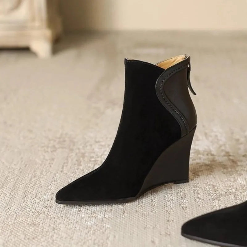 Women's Faux Leather Wedge Heels - Pointed Toe Suede Shoes with Zipper,