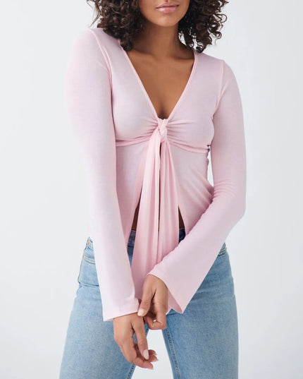 Women's Long Sleeve V-Neck Tie-Front Blouse