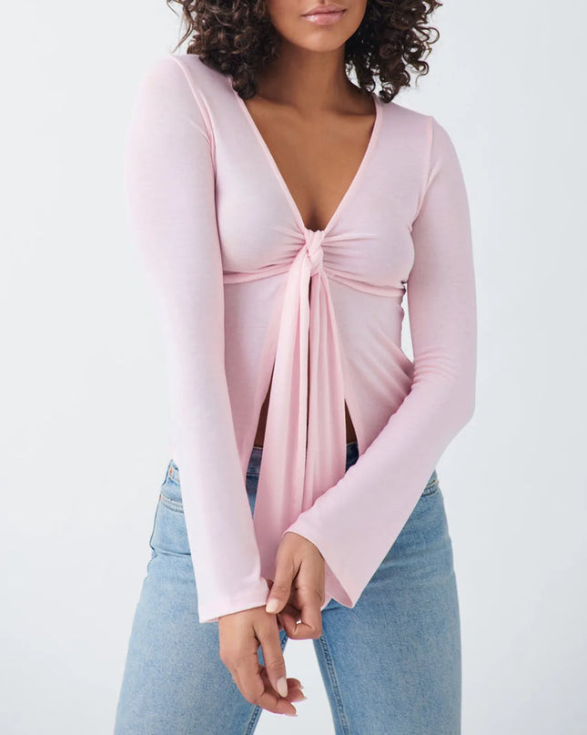 Women's Long Sleeve V-Neck Tie-Front Blouse