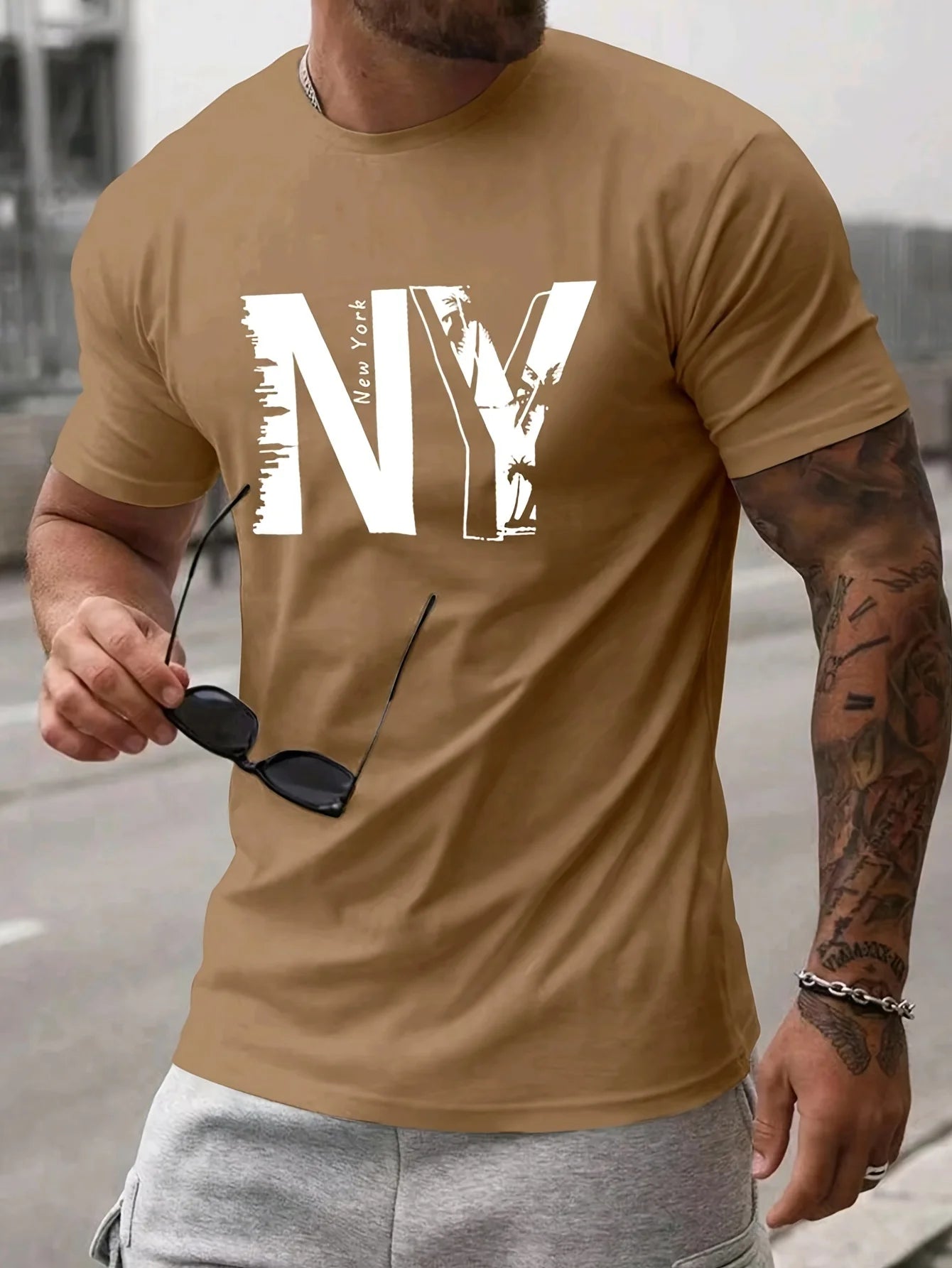 Men's 100% Cotton Casual T-Shirt with NY Letter Print