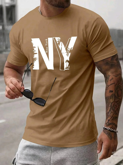 Men's 100% Cotton Casual T-Shirt with NY Letter Print