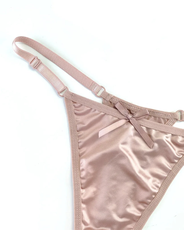 3-Piece Pink Satin Thong Set for Women - Adjustable Low Waist, Comfortable Silk Lace Underwear