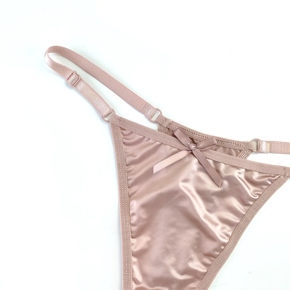 3-Piece Pink Satin Thong Set for Women - Adjustable Low Waist, Comfortable Silk Lace Underwear