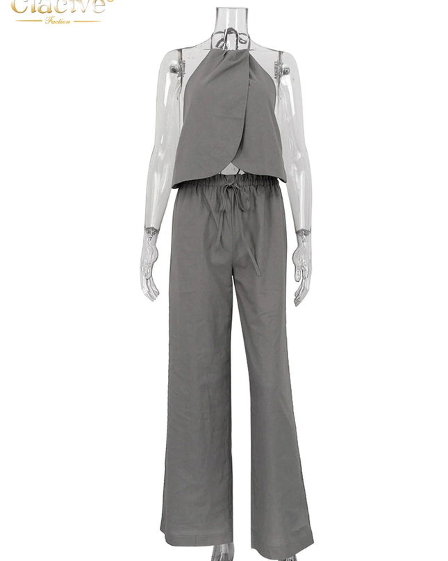 Women's Cotton Two-Piece Halter Sleeveless Tank Top & High-Waisted Wide-Leg Pants Set