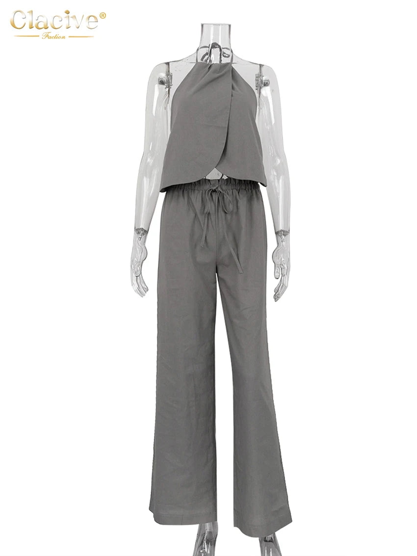 Women's Cotton Two-Piece Halter Sleeveless Tank Top & High-Waisted Wide-Leg Pants Set