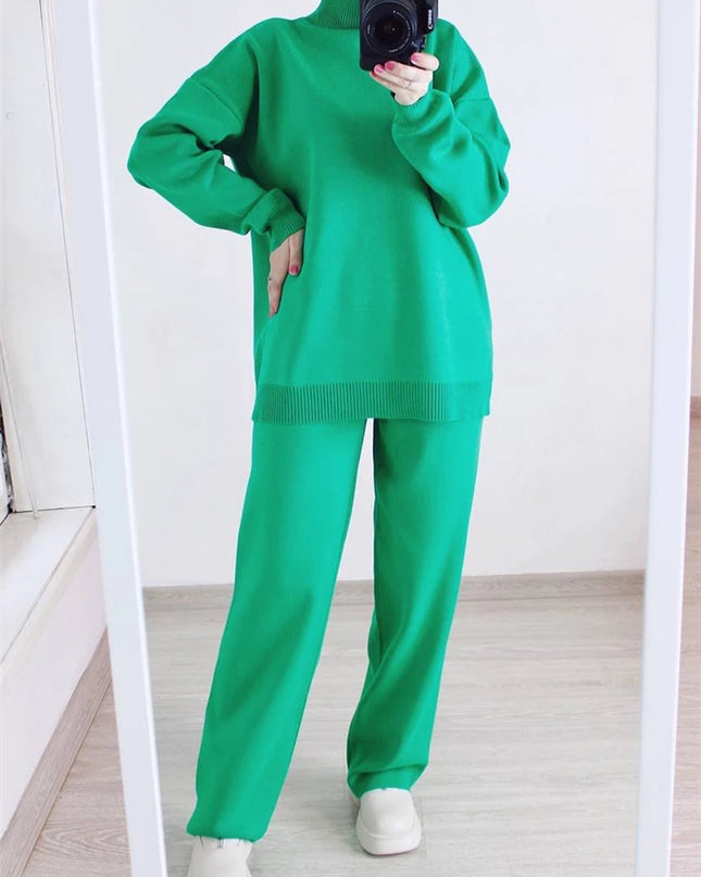 Women's 2 Piece Knitted Turtleneck Sweater & Straight Leg Pants Set
