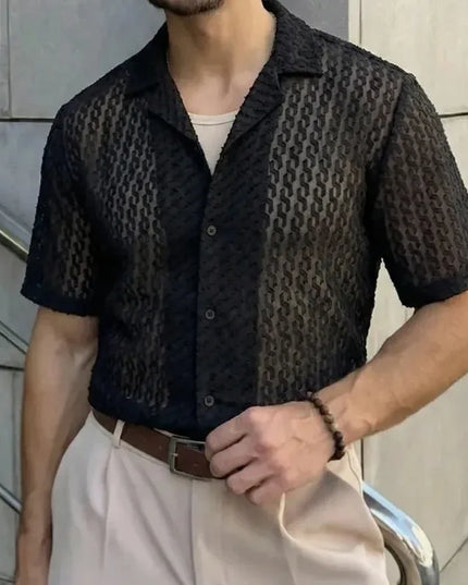 Men's Short Sleeve Mesh Lace Hollow Out Shirt