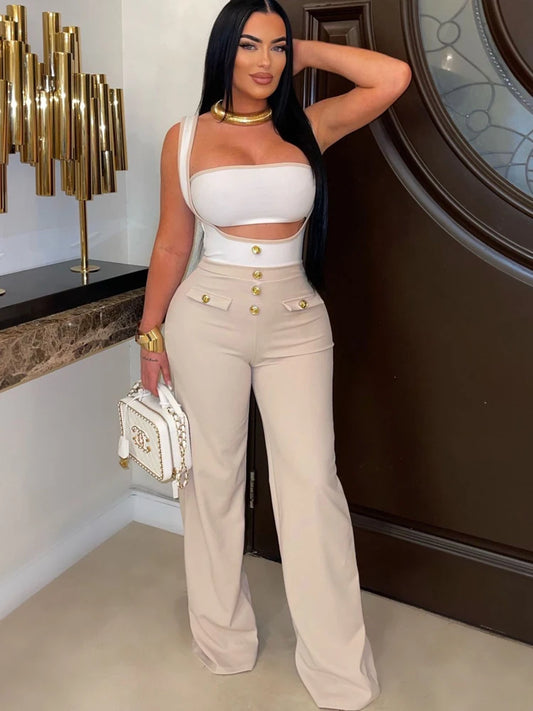 Stylish Women's Two-Piece Suspender Jumpsuit & Wide-Leg Long Pants Set