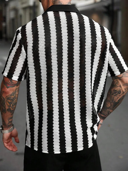 Men's Casual Knitted Shirt with Hollow Out Design