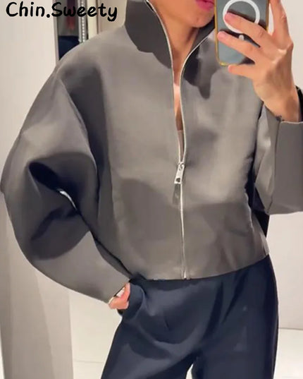 Chin Sweety Women's Knitted Cropped Jacket with Stand Collar - Loose Fit