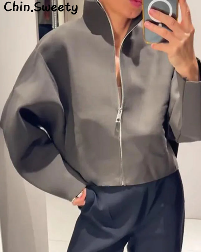 Chin Sweety Women's Knitted Cropped Jacket with Stand Collar - Loose Fit