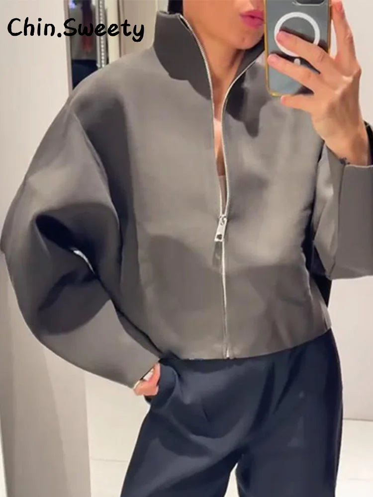 Chin Sweety Women's Knitted Cropped Jacket with Stand Collar - Loose Fit