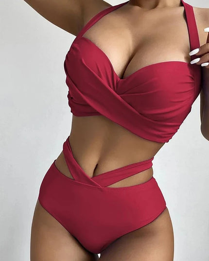 Women's Two-Piece Bikini Set with High Waist - Halter Neck and Push-Up Design